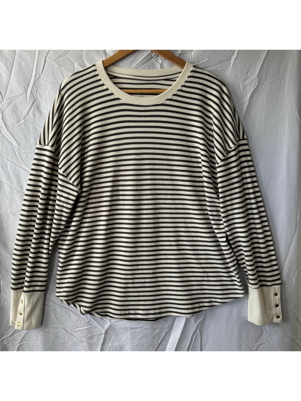 Sonoma Sweater XXL Ivory Black Striped Waffle Knit Snap Cuff Oversized